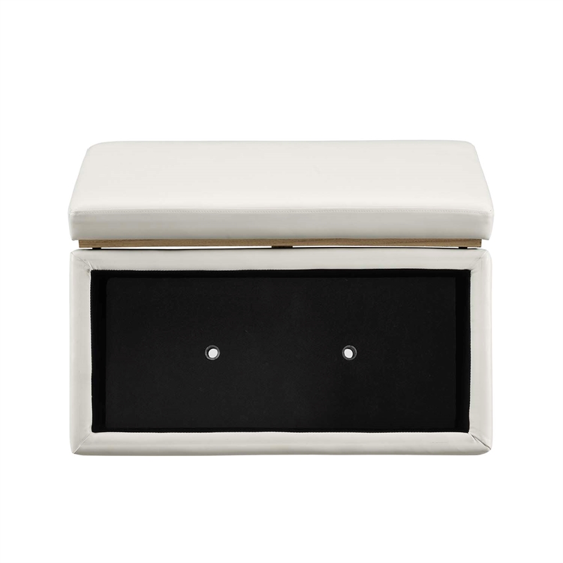 Linon Hawn Rectangle Storage Ottoman Natural Wood Trim in White Faux Leather