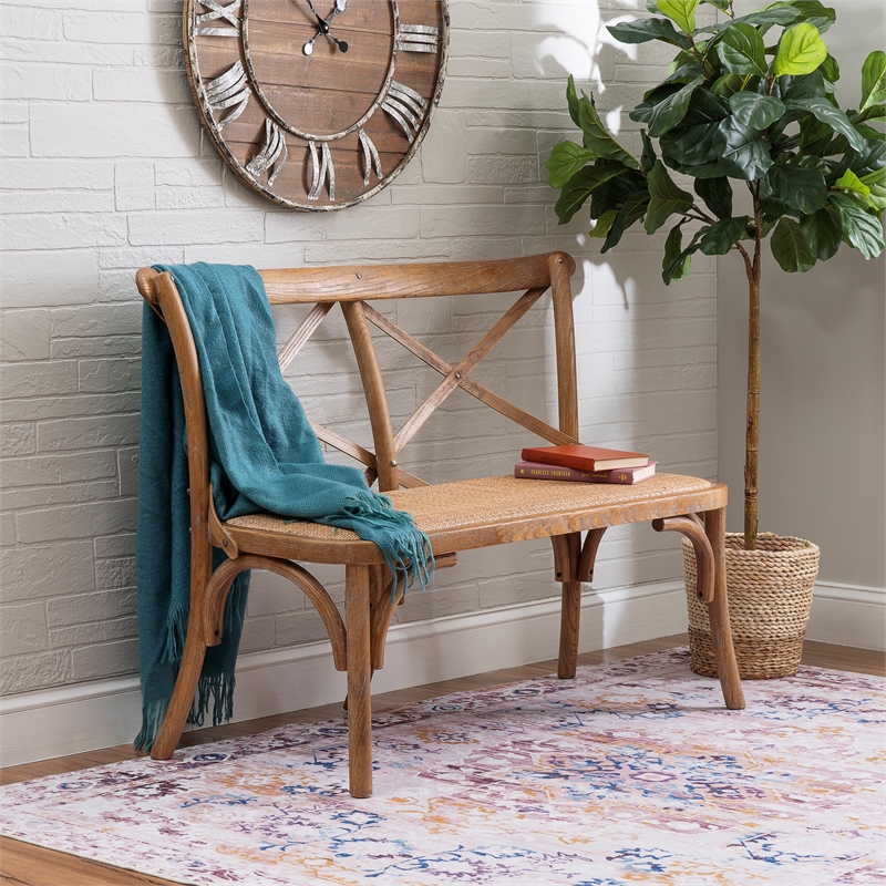 Linon Dallas Bentwood Bench X-Back Rattan Seat in Rustic Antique Brown