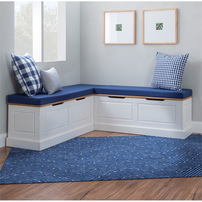 Linon Troyin Natural and White Wooden Storage Nook With Navy Cushions/Pillows
