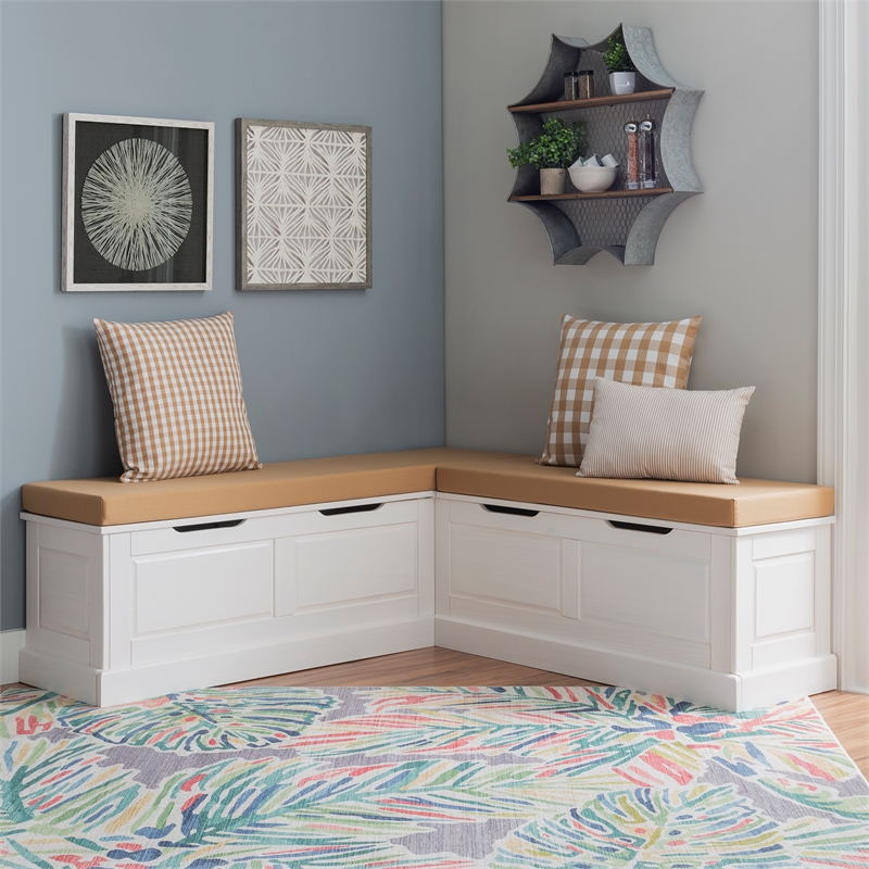 Linon Troyin White Wooden Storage Nook With Beige Cushions and Pillows