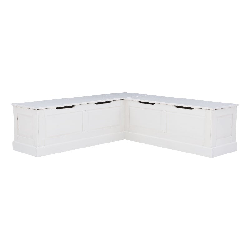 Linon Troyin White Wooden Storage Nook With Beige Cushions and Pillows