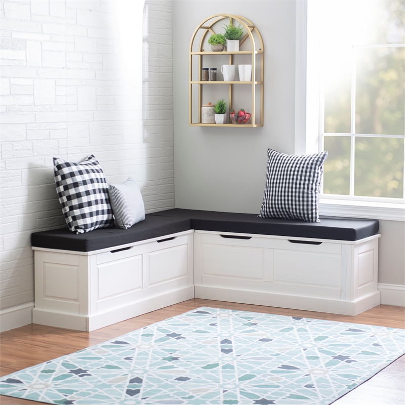 Linon Troyin White Wooden Storage Nook With Black Cushions and Pillows