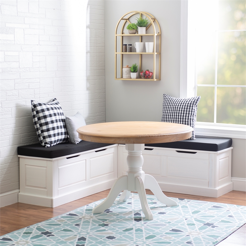 Linon Troyin White Wooden Storage Nook With Black Cushions and Pillows