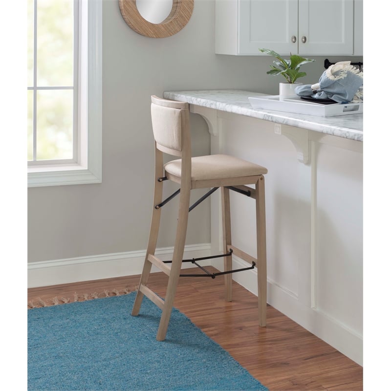 Linon Keira Folding Bar Stool with Fabric Padded Seat and Back in Graywash Wood