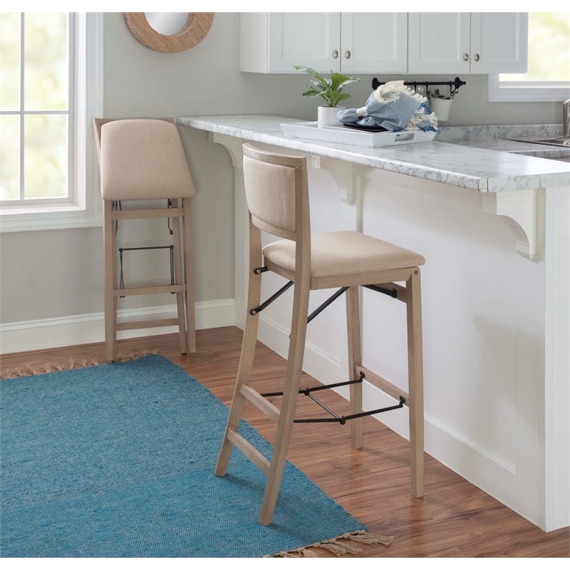 Linon Keira Folding Bar Stool with Fabric Padded Seat and Back in Graywash Wood