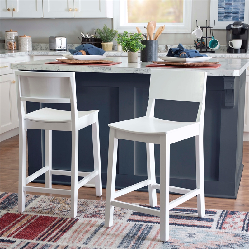 Linon Burke Saddle Seat Counter Stools Set of Two in White Rubberwood