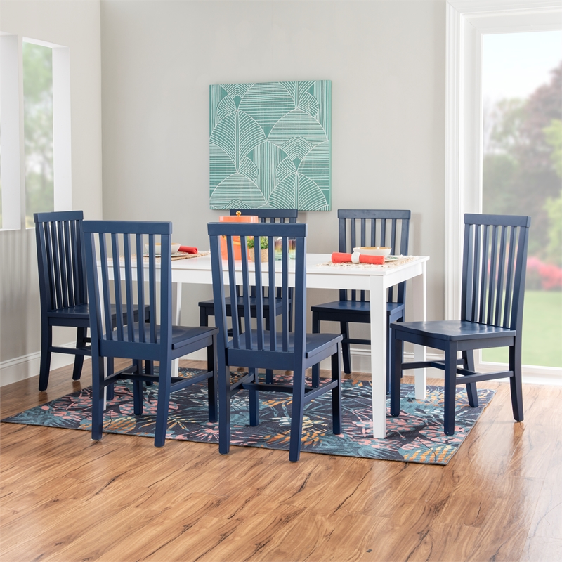 Linon Erwin Set of Two High Slat Back Side Dining Chairs in Navy Blue Rubberwood