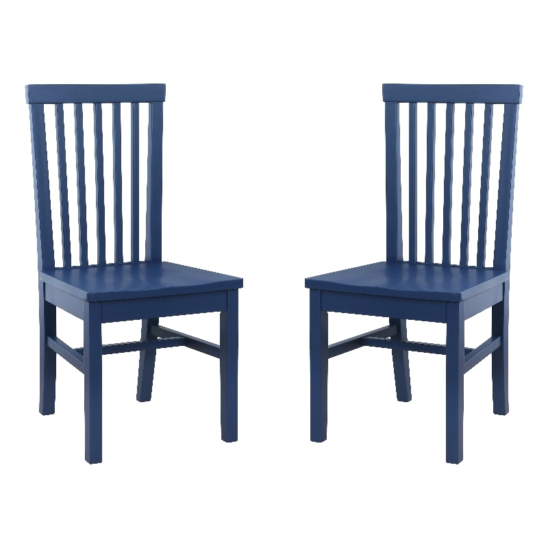 Linon Erwin Set of Two High Slat Back Side Dining Chairs in Navy Blue Rubberwood