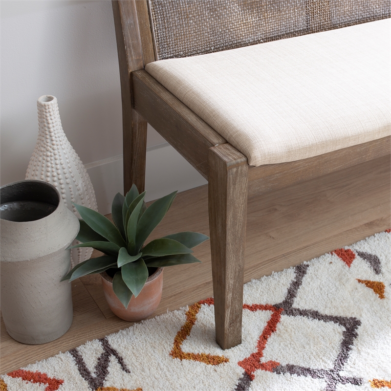 Linon Memphis Wood Bench Woven Cane Back Beige Padded Seat in Brown Stain Finish