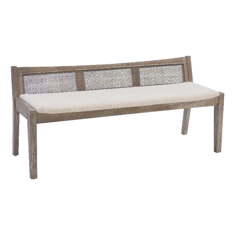 Linon Memphis Wood Bench Woven Cane Back Beige Padded Seat in Brown Stain Finish