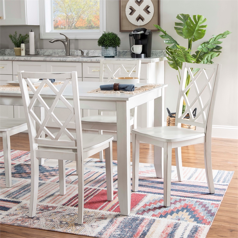 Linon Delia 5 Piece Wood Dining Set Lightly Burnished Edges in Antique White