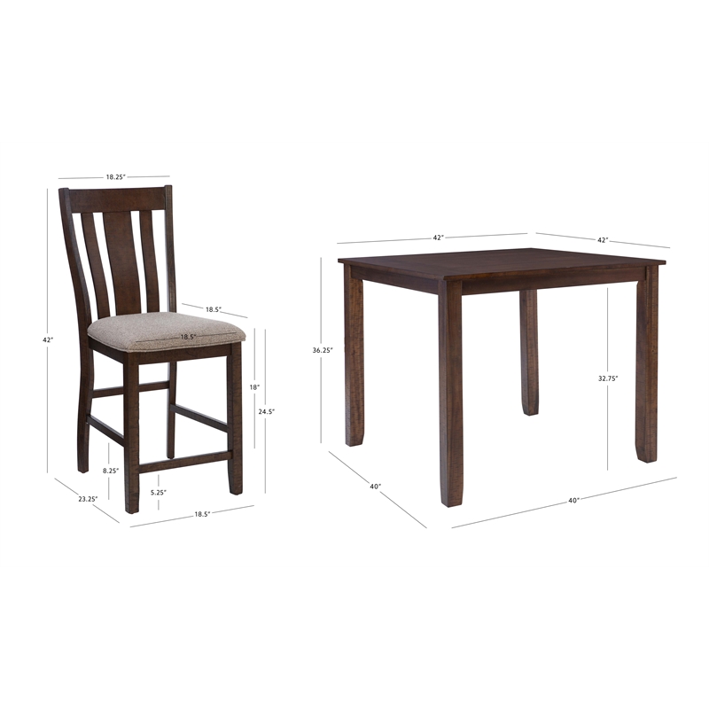 Linon Liz Rustic Wood 5 Piece Counter Height Dining Set Padded Seats in Brown
