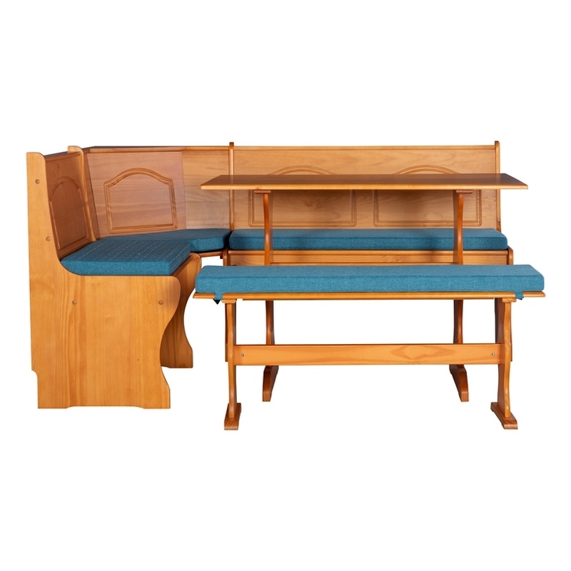 Linon Chelsea 3 Pc Honey Pine Nook Set with 4 Pc Polyester Cushion Set in Blue
