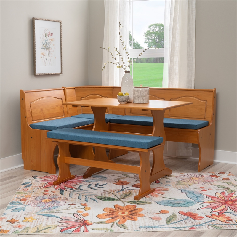 Linon Chelsea 3 Pc Honey Pine Nook Set with 4 Pc Polyester Cushion Set in Blue