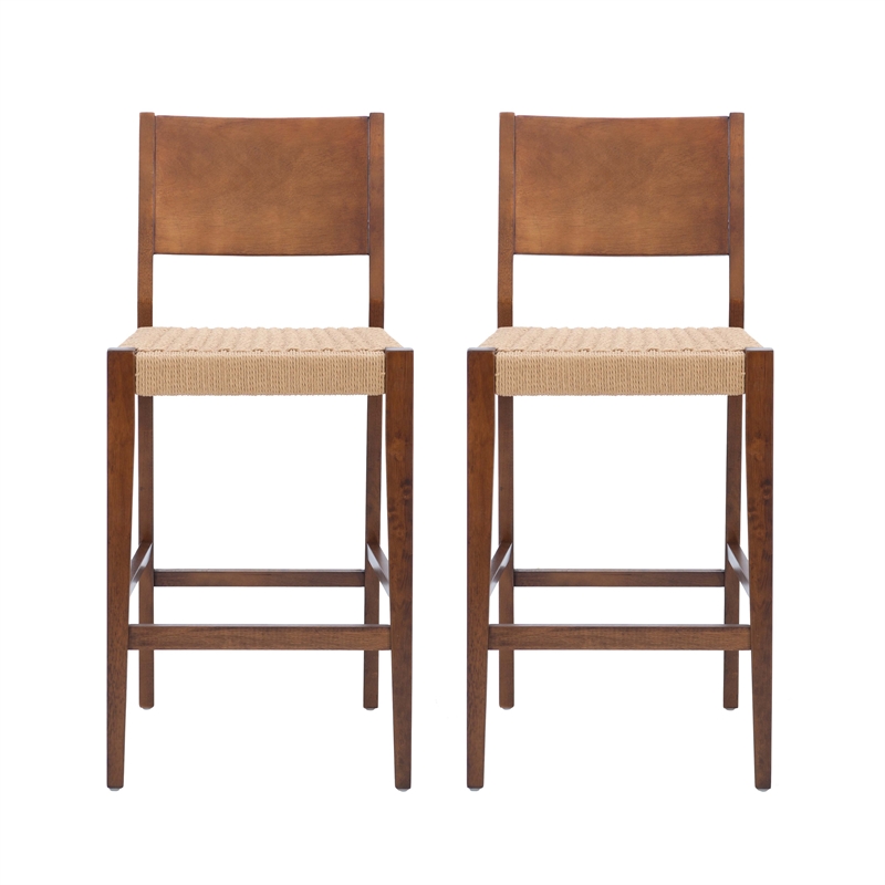 Linon Patty Wood 2 Tone Barstools Handwoven Rope Seat Set of 2 in Brown Stain