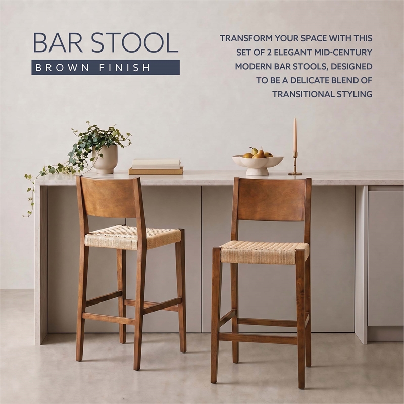 Linon Patty Wood 2 Tone Barstools Handwoven Rope Seat Set of 2 in Brown Stain