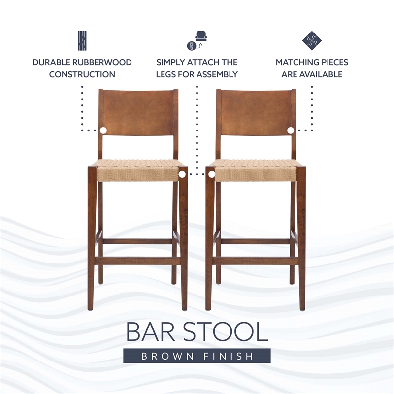 Linon Patty Wood 2 Tone Barstools Handwoven Rope Seat Set of 2 in Brown Stain