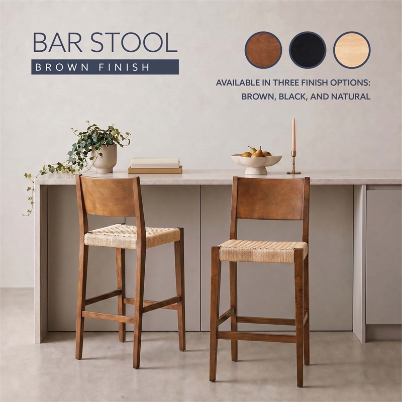 Linon Patty Wood 2 Tone Barstools Handwoven Rope Seat Set of 2 in Brown Stain