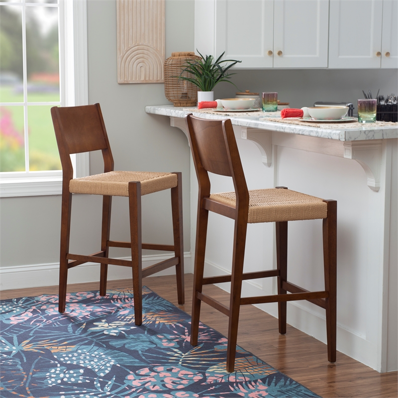 Linon Patty Wood 2 Tone Barstools Handwoven Rope Seat Set of 2 in Brown Stain