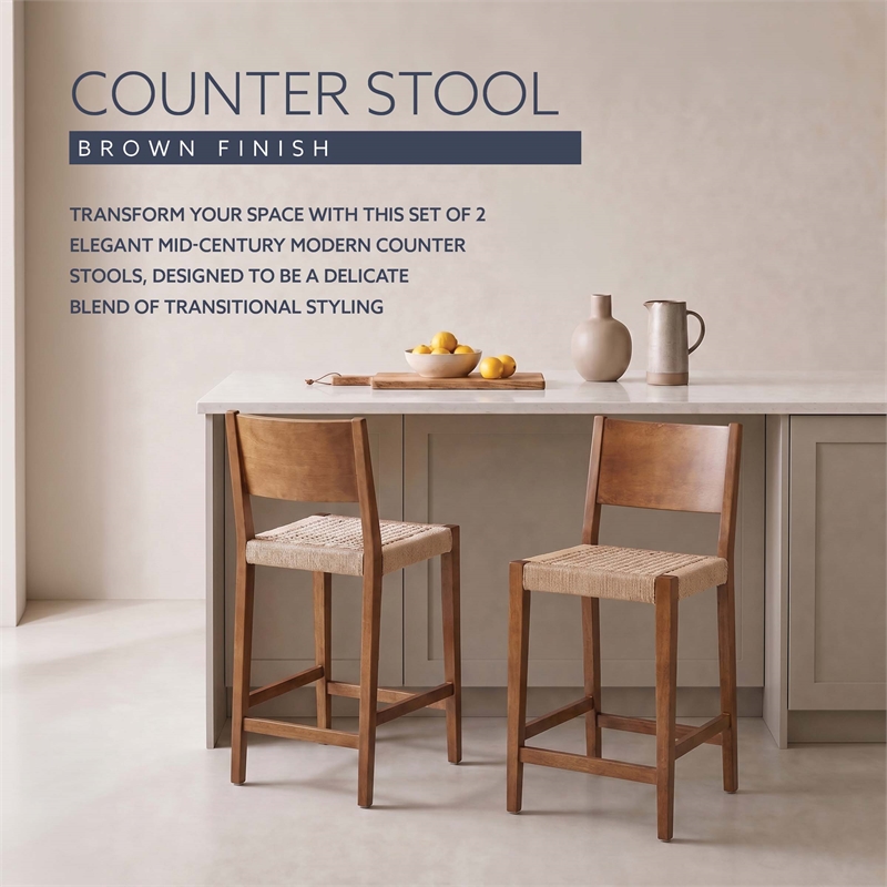 Linon Patty Wood 2 Tone Counter Stools Handwoven Rope Seat Set of 2 in Brown