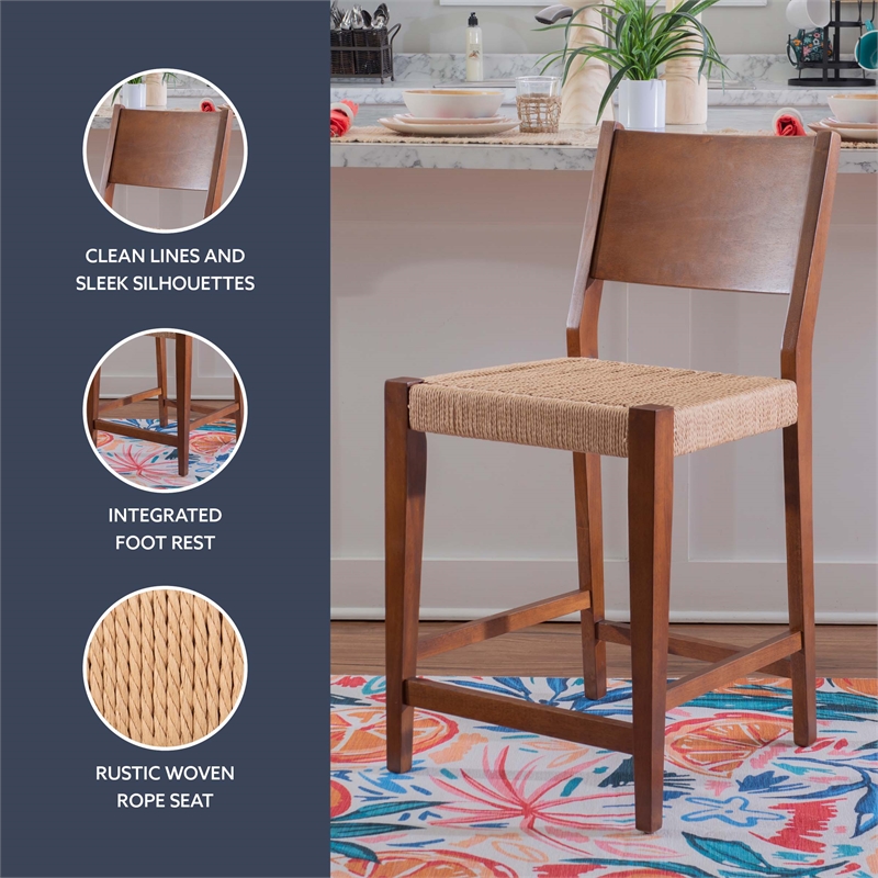 Linon Patty Wood 2 Tone Counter Stools Handwoven Rope Seat Set of 2 in Brown