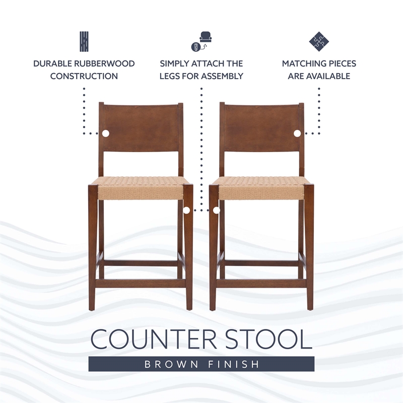 Linon Patty Wood 2 Tone Counter Stools Handwoven Rope Seat Set of 2 in Brown
