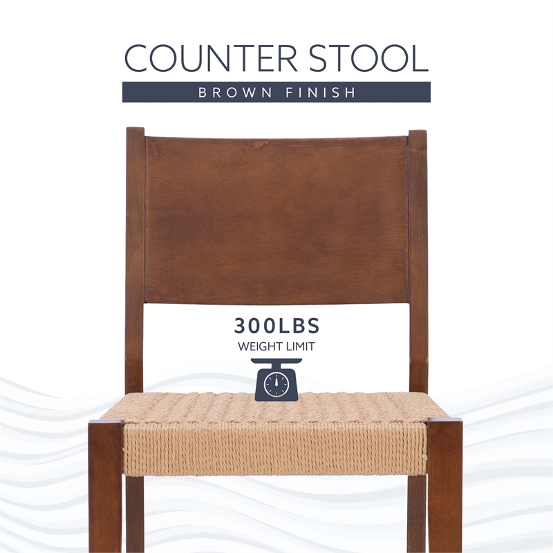 Linon Patty Wood 2 Tone Counter Stools Handwoven Rope Seat Set of 2 in Brown