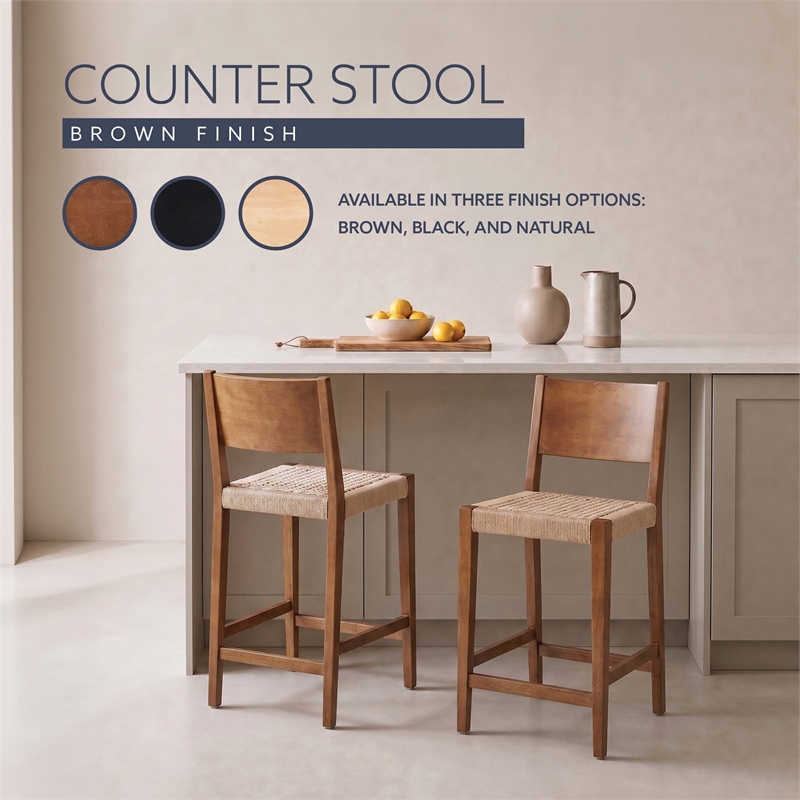 Linon Patty Wood 2 Tone Counter Stools Handwoven Rope Seat Set of 2 in Brown
