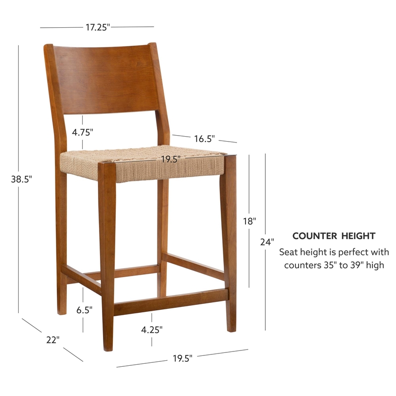 Linon Patty Wood 2 Tone Counter Stools Handwoven Rope Seat Set of 2 in Brown