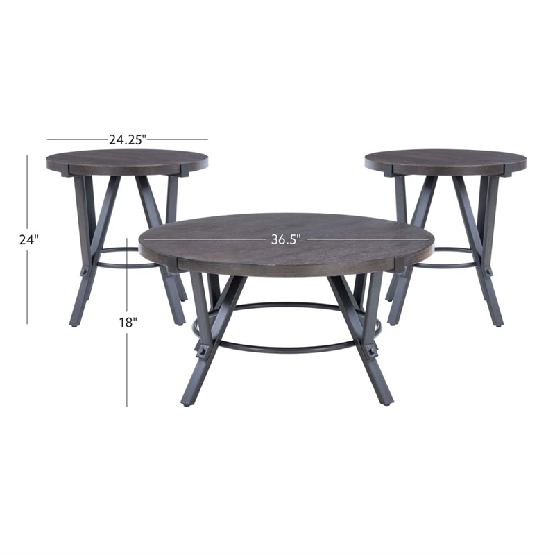 Linon Thorne 3 Pc Round Metal and Wood Occasional Table Set in Charcoal