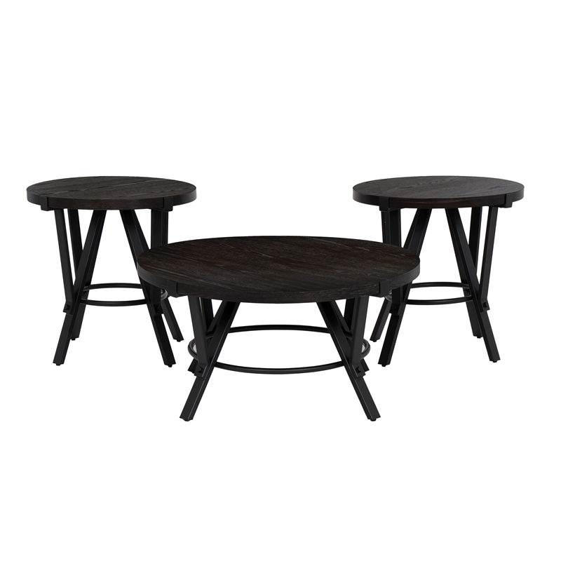 Linon Thorne 3 Pc Round Metal and Wood Occasional Table Set in Charcoal