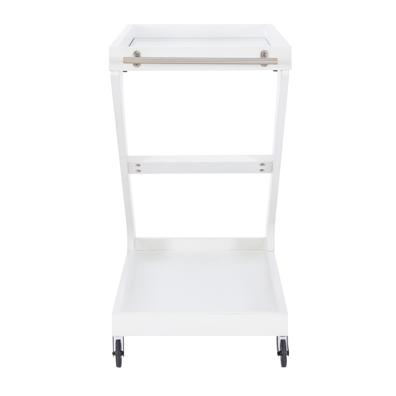 Linon Mare Wood Z Shaped Rolling Bar Cart with Glass Top in White