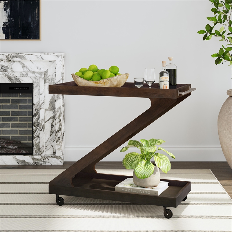 Linon Mare Wood Z Shaped Rolling Bar Cart with Glass Top in Umber Stain