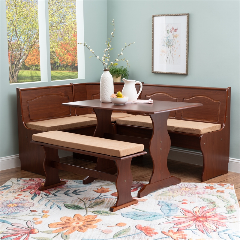 Linon Chelsea 3 Pc Walnut Nook Set with 4 Pc Polyester Cushion Set in Beige