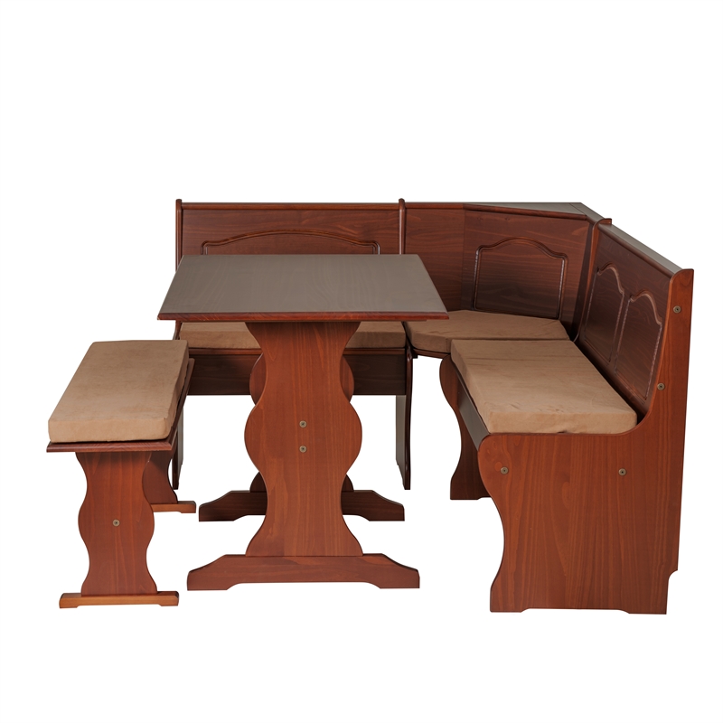Linon Chelsea 3 Pc Walnut Nook Set with 4 Pc Polyester Cushion Set in Beige
