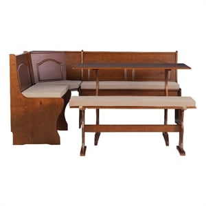 Linon Chelsea 3 Pc Walnut Nook Set with 4 Pc Polyester Cushion Set in Beige