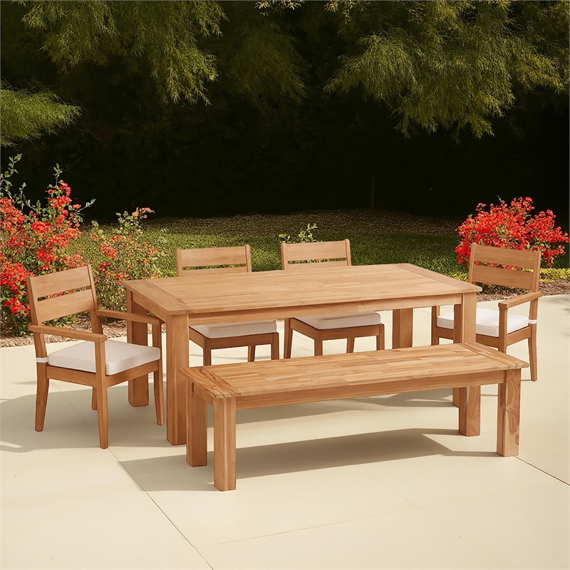 Linon Barlow 6Pc Set Teak Outdoor Table Bench 4 Chairs & Cushions in Natural