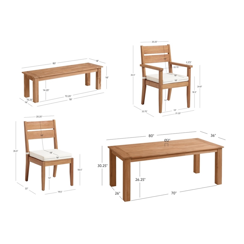Linon Barlow 6Pc Set Teak Outdoor Table Bench 4 Chairs & Cushions in Natural