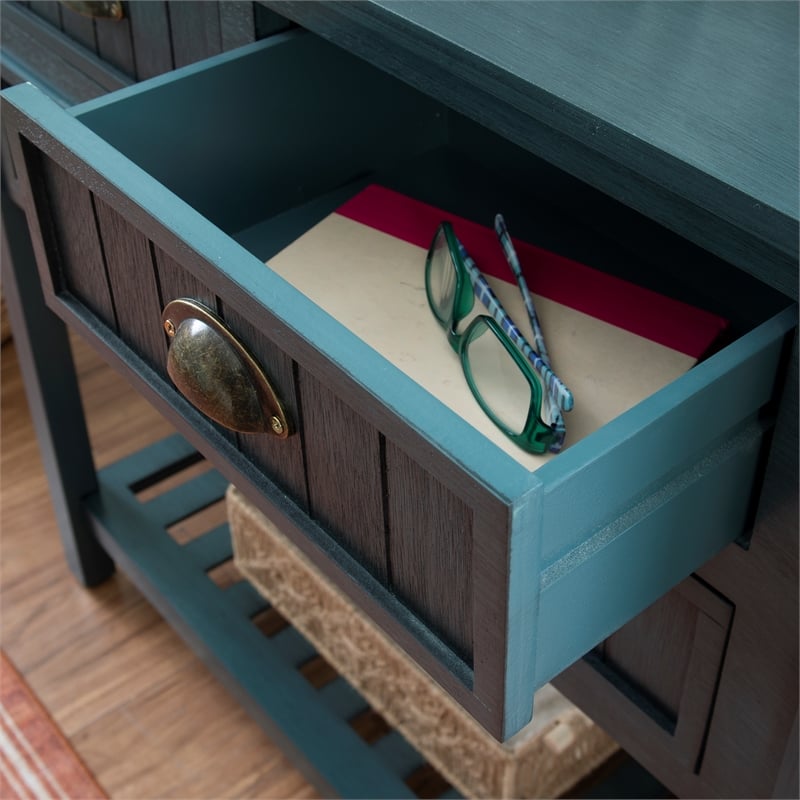 Linon Laine Console Table 4 Drawers Lower Shelf in Rustic Teal Blue Wood