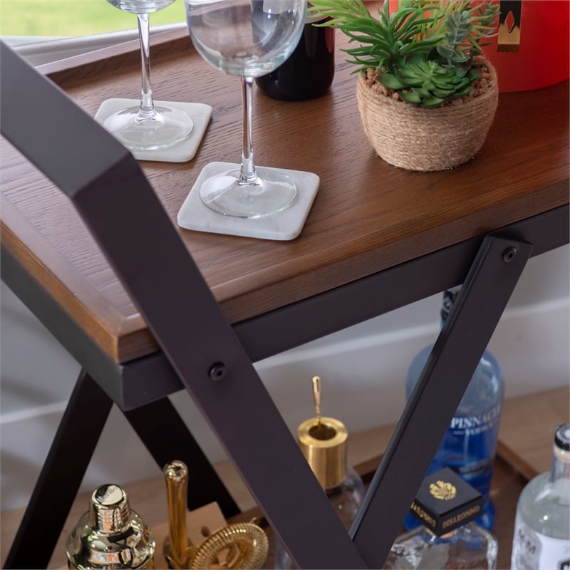 Linon Carley Dark Rustic Wood 2 Level Rolling Bar Cart with Metal Frame in Black