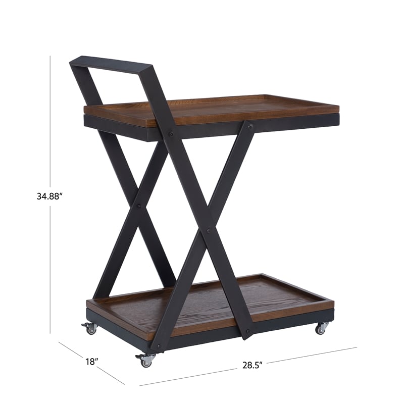 Linon Carley Dark Rustic Wood 2 Level Rolling Bar Cart with Metal Frame in Black