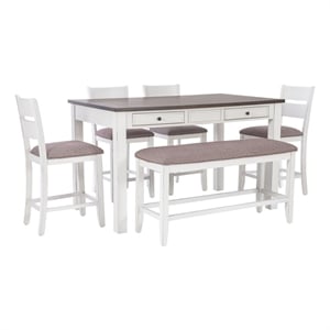 Linon Dee Rustic Wood 6 Pce Counter Dining Set 4 Chairs & Bench in Antique White