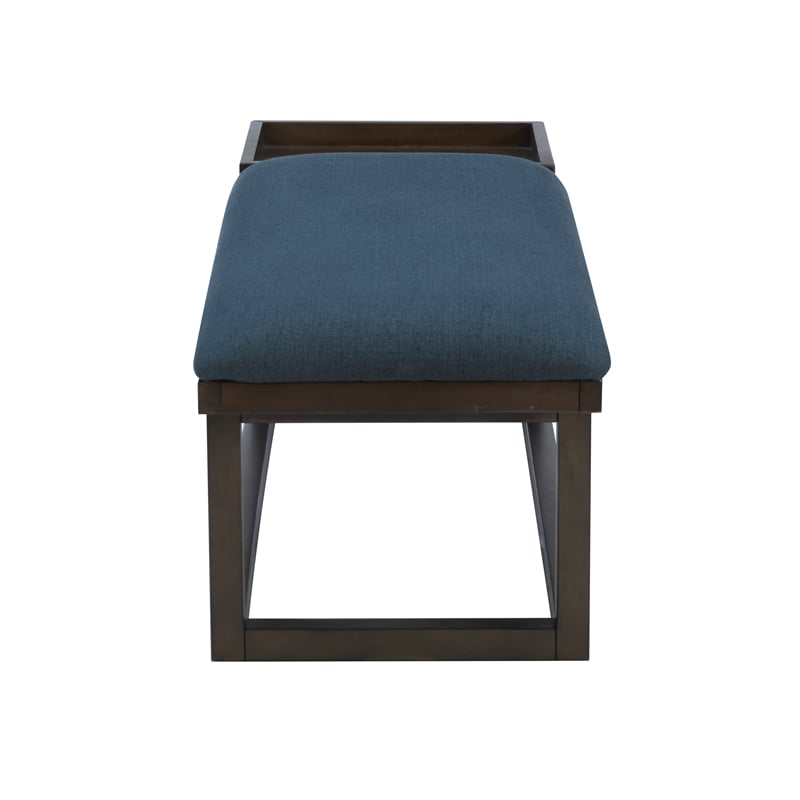 Linon Nate Wood Navy Upholstered Bench with Removable Storage Tray in Dark Brown