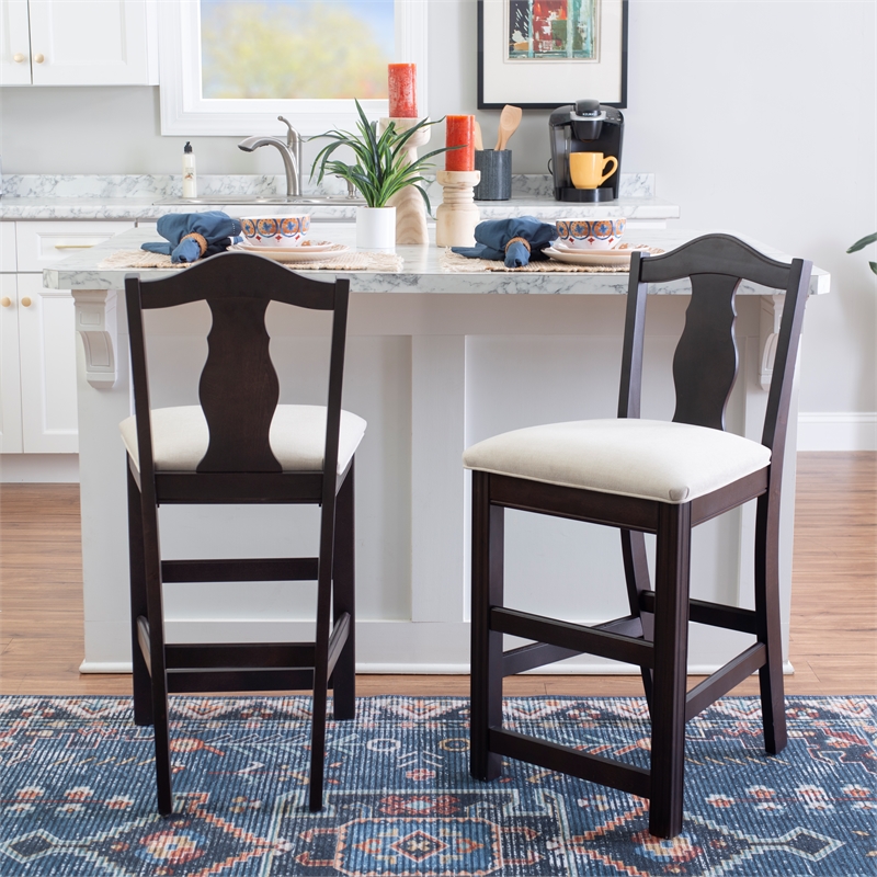 Linon Hiller Beechwood Set of 2 Splat Back Upholstered Counter Stool in Dk Brown