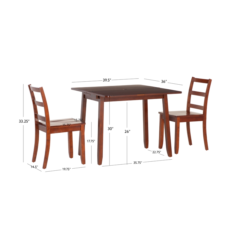 Linon Breia 3-Piece Dining Set Extendable Storage Tabletop in Cherry Wood Finish