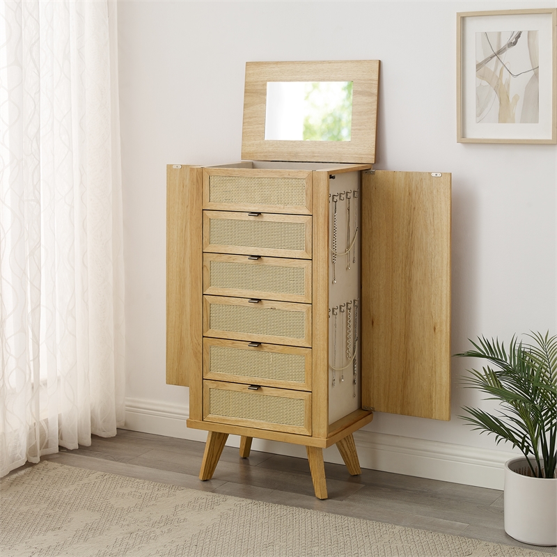 Linon Winnie 5-Drawer Wood & Cane Jewelry Armoire with Flip Top in Natural Brown