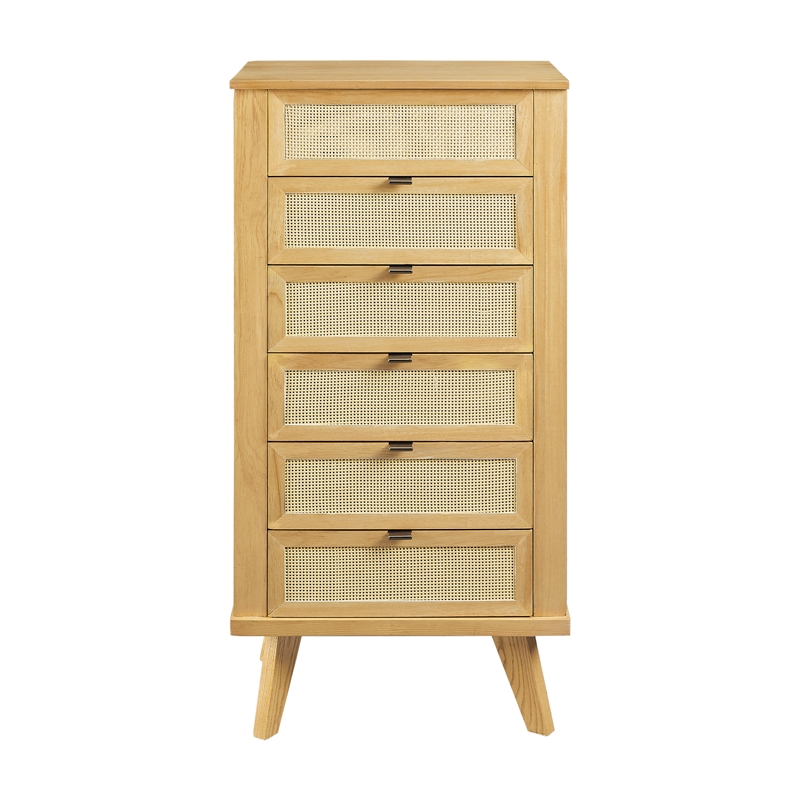 Linon Winnie 5-Drawer Wood & Cane Jewelry Armoire with Flip Top in Natural Brown