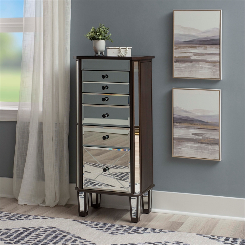 Linon Jessa 6-Drawer Flip Top Jewelry Armoire in Mirror and Walnut Brown Wood