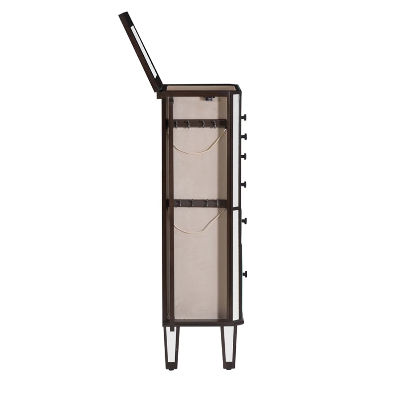Linon Jessa 6-Drawer Flip Top Jewelry Armoire in Mirror and Walnut Brown Wood