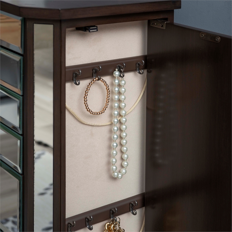 Linon Jessa 6-Drawer Flip Top Jewelry Armoire in Mirror and Walnut Brown Wood